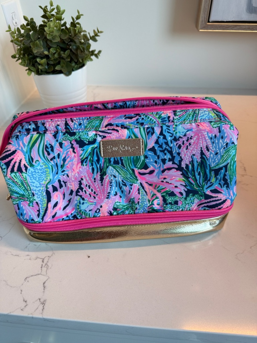 Lilly Pulitzer Blue, Pink & Green Coral Print Cosmetic Pouch with Gold Accent